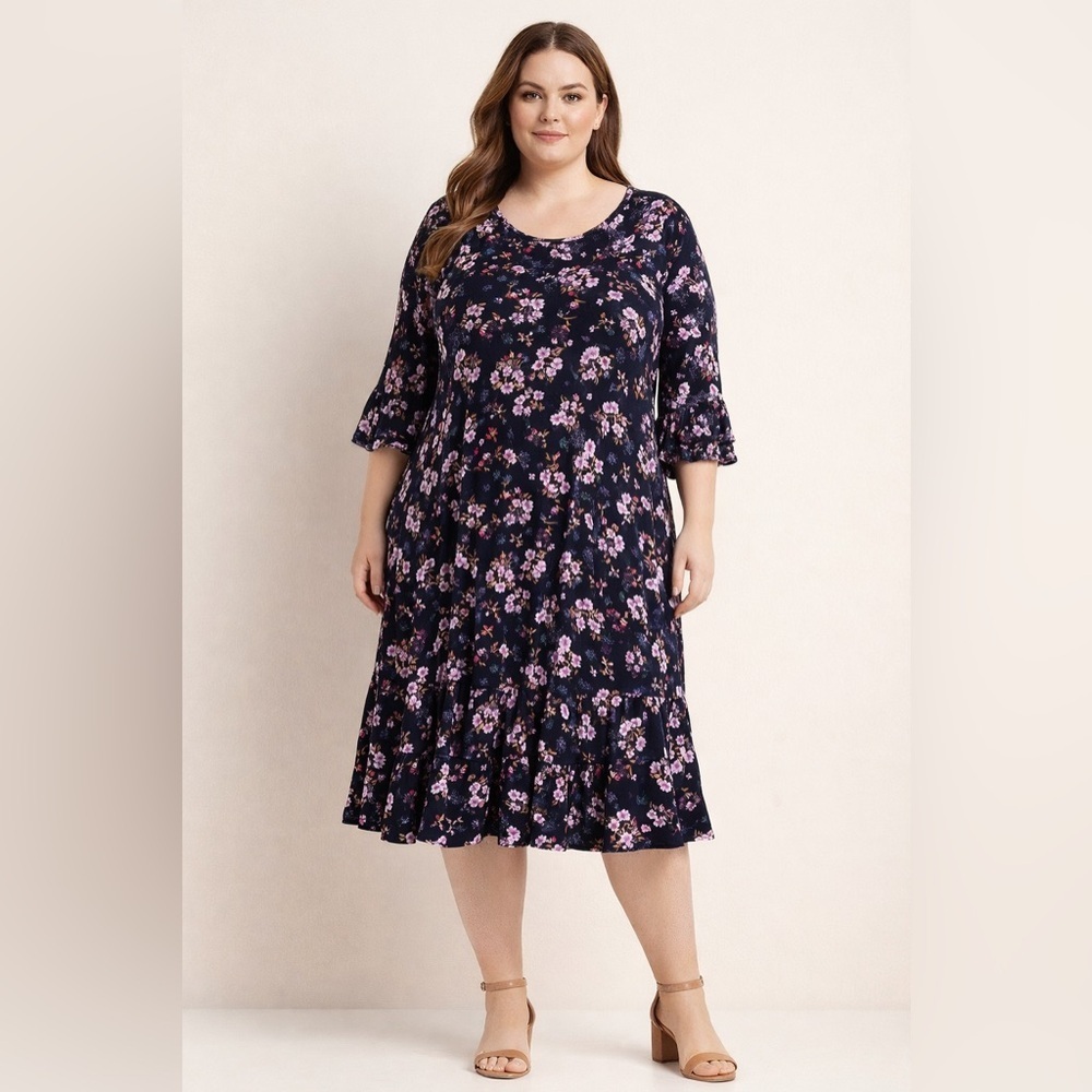 CeCe 3X Navy Floral Ruffle Sleeve Midi Dress Plus Size